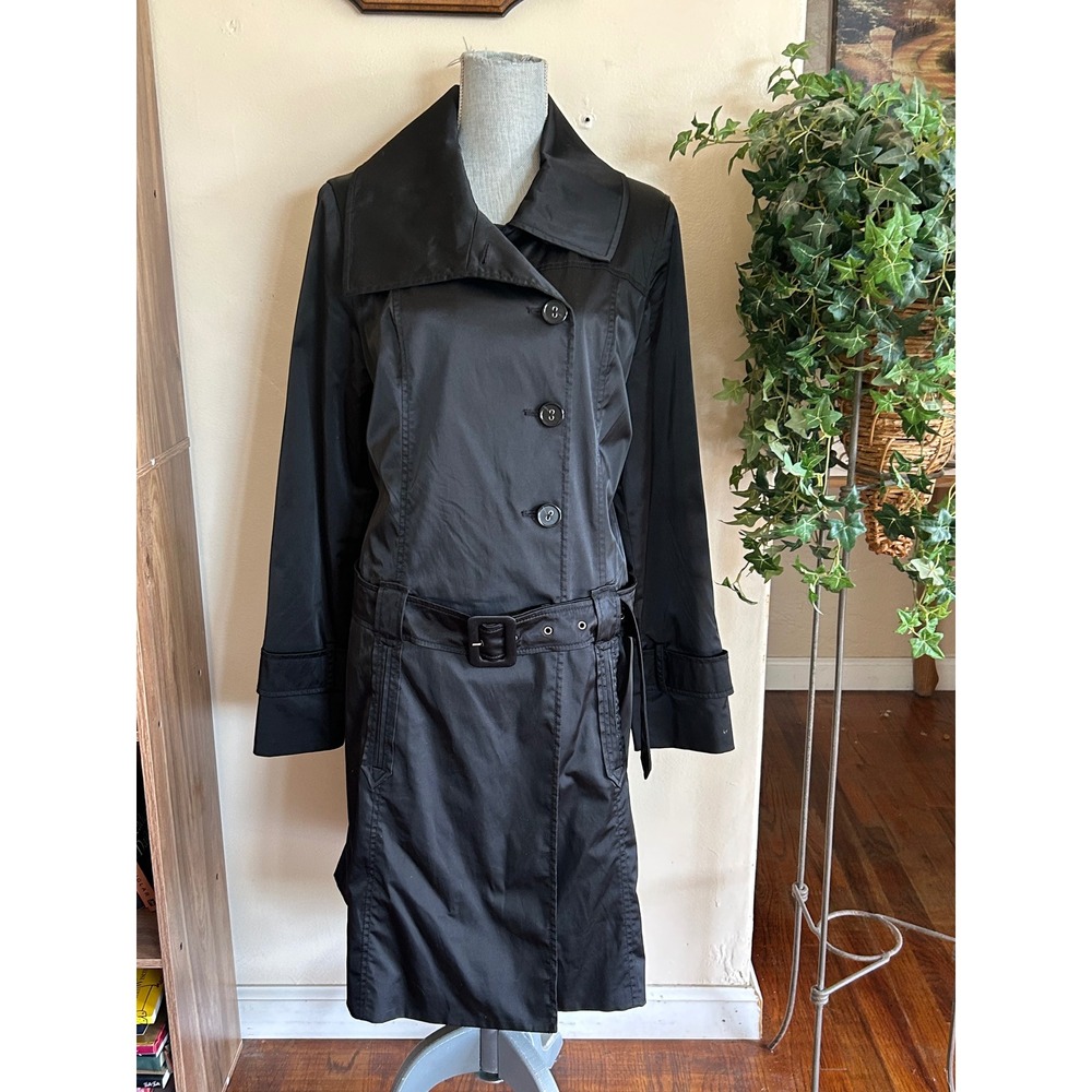 Mossimo Trench Coat Women Medium Black Y2K Belted Jacket Shiny